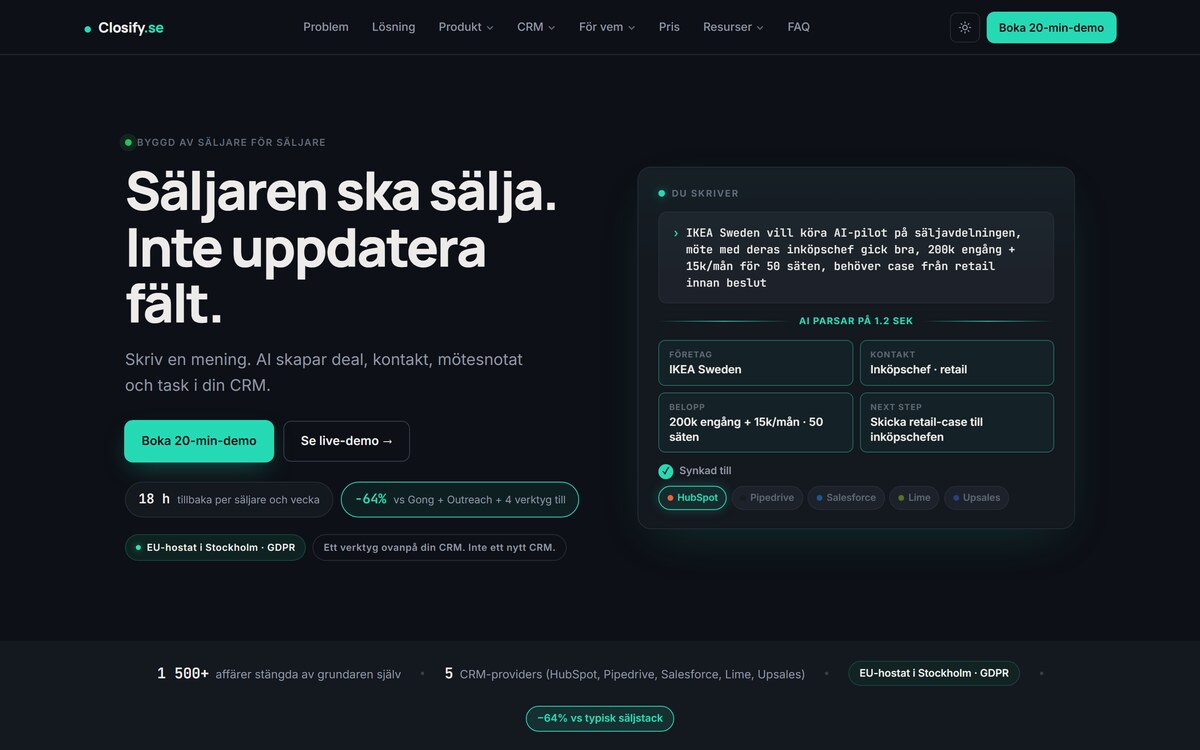 Closify, sajt byggd av NoFrame